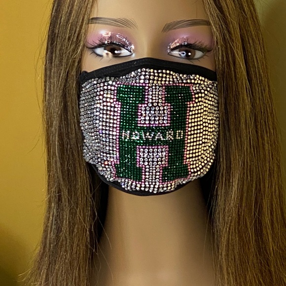 Howard University Bling Face Mask Pink and Green - Picture 11 of 12